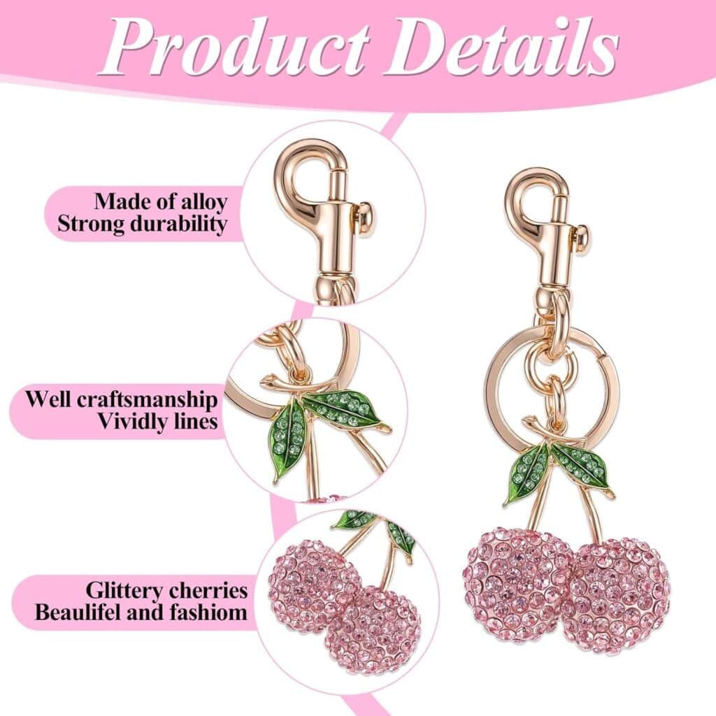 Cherry Bag Charm Women Cherry Charm for Purse,Glitter Resin and Metal Accessories for Purses Keychain Bag Charms（Pink）