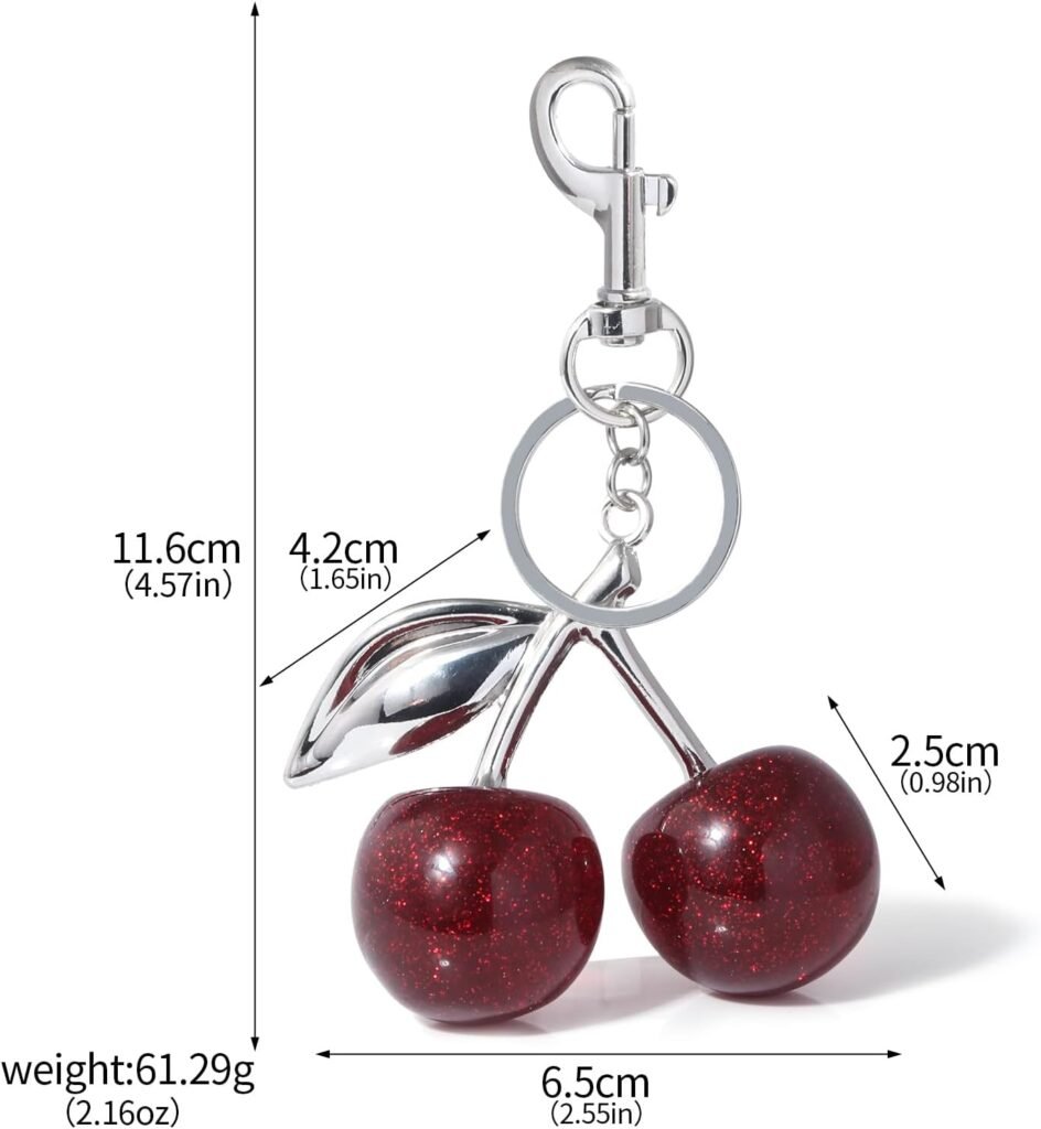 Cherry Bag Purse Charms Keychain - Gold Metal Keyring with Glitter Resin Cherry - Cute Handbag Accessories Gifts for Women