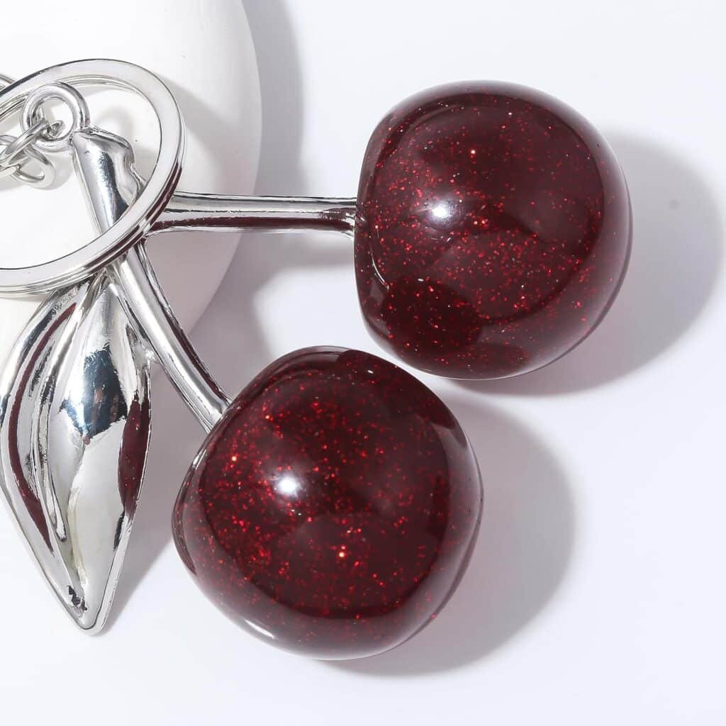 Cherry Bag Purse Charms Keychain - Gold Metal Keyring with Glitter Resin Cherry - Cute Handbag Accessories Gifts for Women