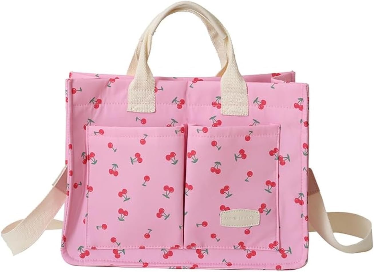 Cherry Tote Bag For Women Canvas Patched Purse Cute Shoulder Bag Multi Pocket Satchel Handbag For Work Travel
