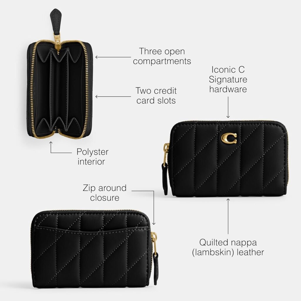 Coach Quilted Pillow Leather Small Zip Around Card Case, BLACK Coach Quilted Pillow Leather Small Zip Around Card Case, BLACK