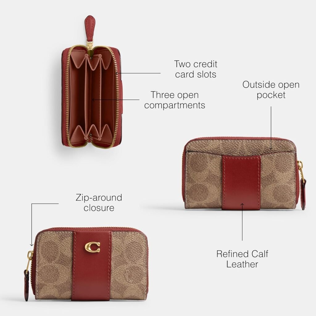 COACH Womens Small Zip Around Card CASE, B4/Tan/Ruby, One Size