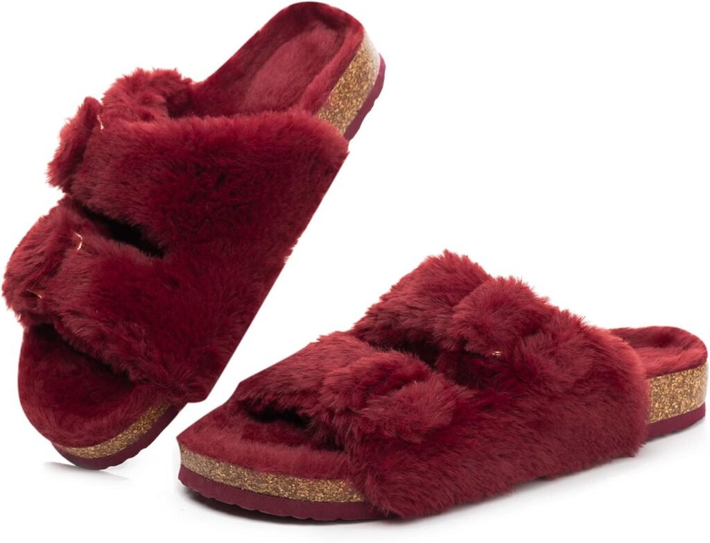 FITORY Womens Open Toe Slipper with Cozy Lining,Faux Rabbit Fur Cork Slide Sandals Size 6-11