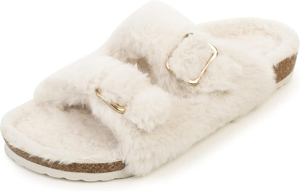 FITORY Womens Open Toe Slipper with Cozy Lining,Faux Rabbit Fur Cork Slide Sandals Size 6-11