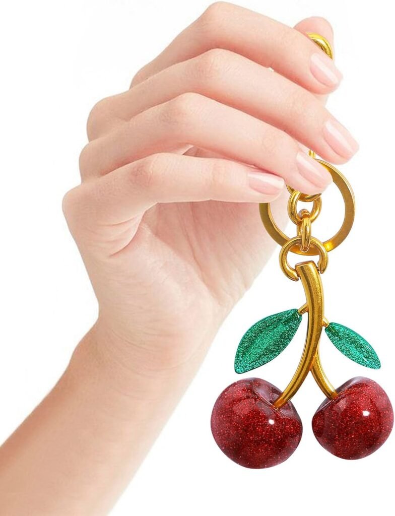 Glitter Cherry Bag Charm with Key Ring and Clip – Sparkling Resin  Metal Accessory for Purses and Bags