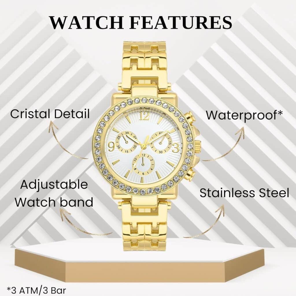 Gold Watch and Gold Bracelets for Women, Womens Watch with Gold Bracelet Set, Wrist Watches with Gold Bangles for Women