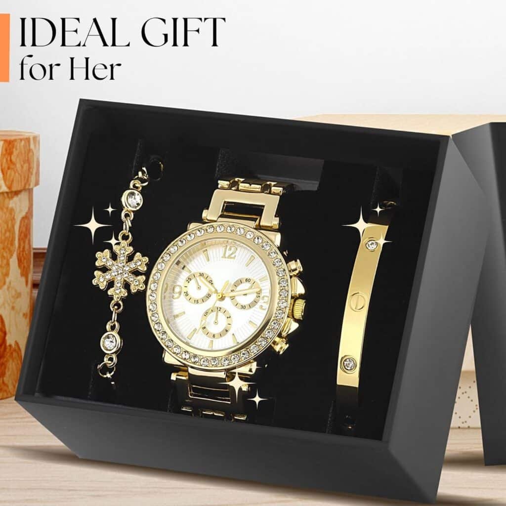 Gold Watch and Gold Bracelets for Women, Womens Watch with Gold Bracelet Set, Wrist Watches with Gold Bangles for Women