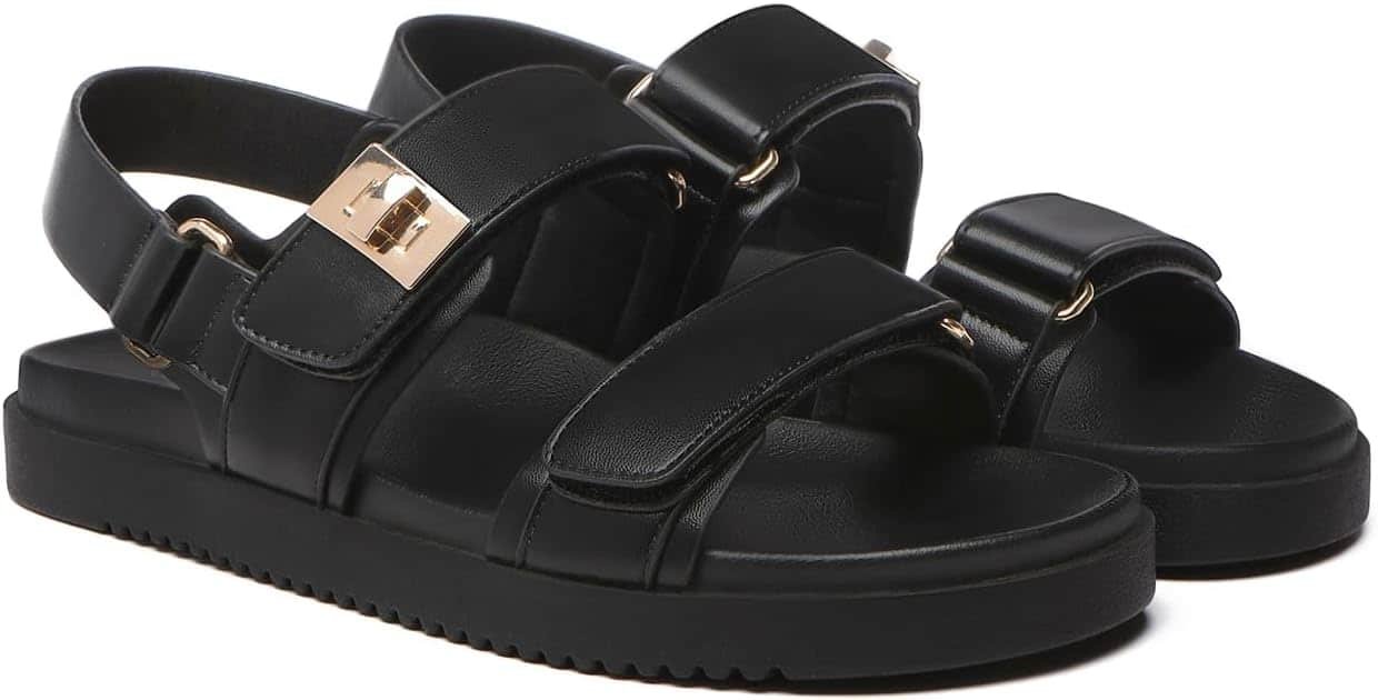 Rihero Womens Flat Sandals Comfort Adjustable Double Strap Slip On Leather Footbed Sandals 1