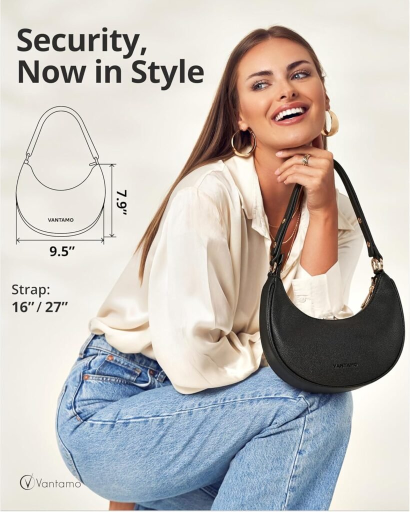 Vantamo Purse For Women, Small Trendy Crescent Moon Shoulder Hand Bag, Faux Leather, Anti Theft RFID Block  Adjustable Strap