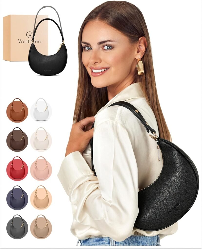 Vantamo Purse For Women, Small Trendy Crescent Moon Shoulder Hand Bag, Faux Leather, Anti Theft RFID Block  Adjustable Strap