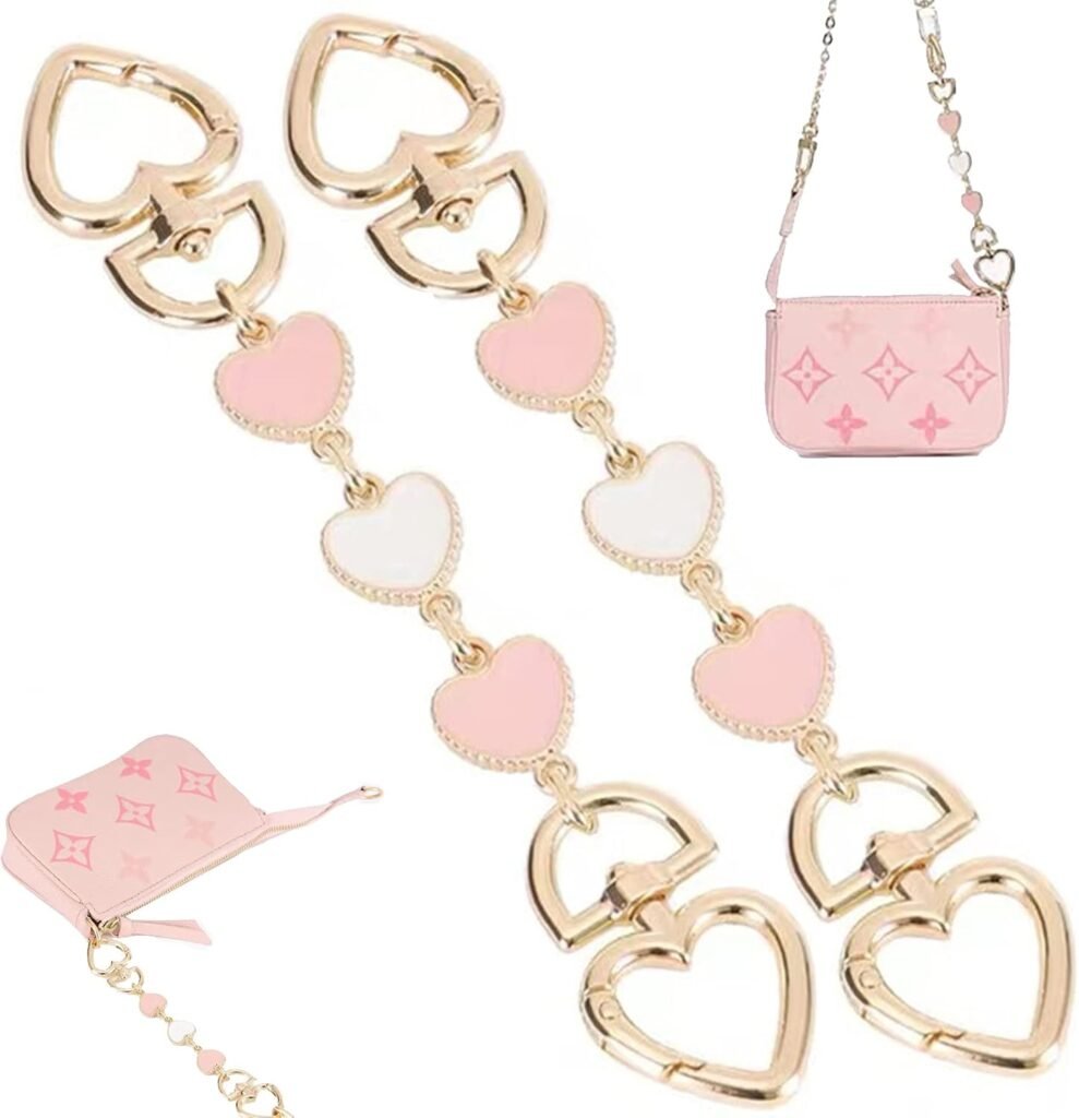 2Pcs Purse Chain Strap Extende, DIY Flat Chain Strap Handle Bag Accessories Replacement Womens Accessory Bag Chain Straps Heart Shape