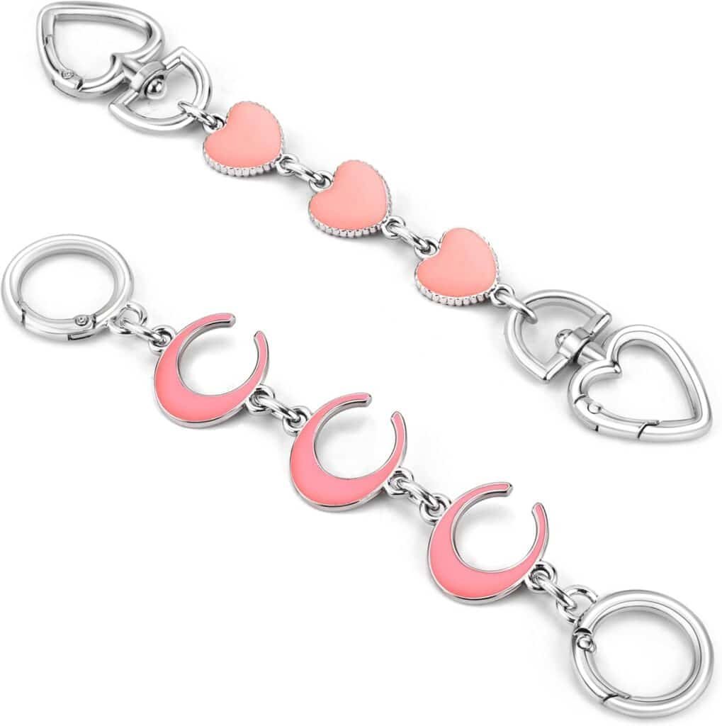 2Pcs Purse Extender Chain Silver Pink Bag Extender Chain Heart Purse Strap Extender Moon Purse Strap Replacement Crossbody Purse Accessories for Women Bag Charms for Handbags Tote Bags Purse Making