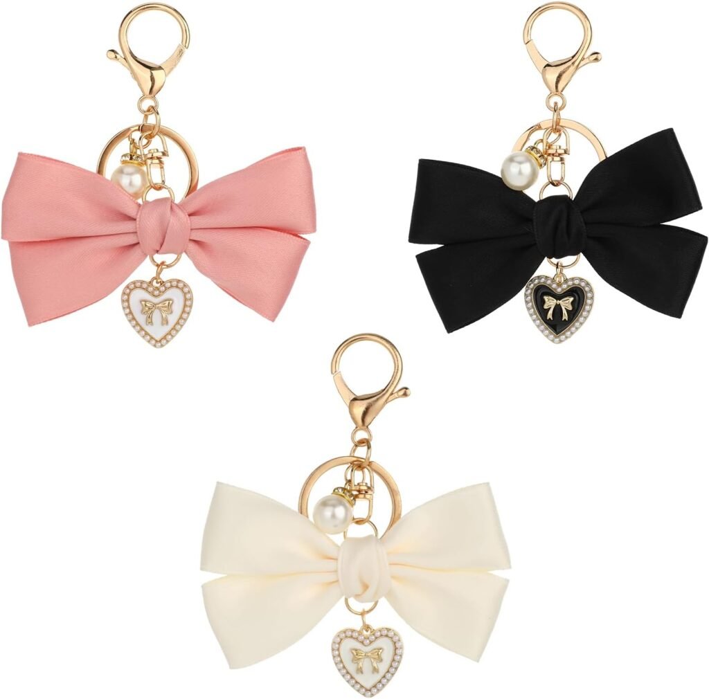 3 Pack Bow Charm for Purse Keychain Bow Black Pink White Bag Charms Bowknot Key Chain Cute Car Key Chain Key Ring Bag Charm Pendant for Handbag Decorations Girls Graduation Gift