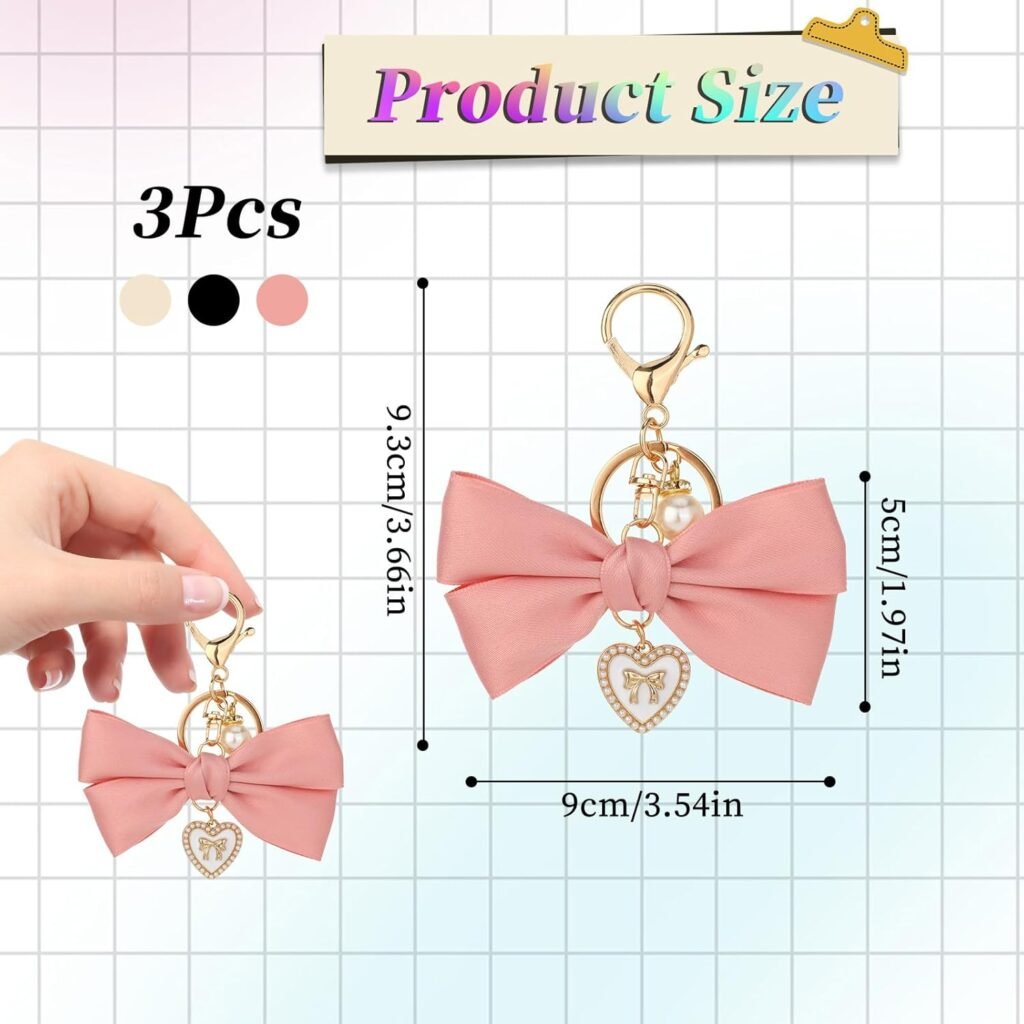 3 Pack Bow Charm for Purse Keychain Bow Black Pink White Bag Charms Bowknot Key Chain Cute Car Key Chain Key Ring Bag Charm Pendant for Handbag Decorations Girls Graduation Gift