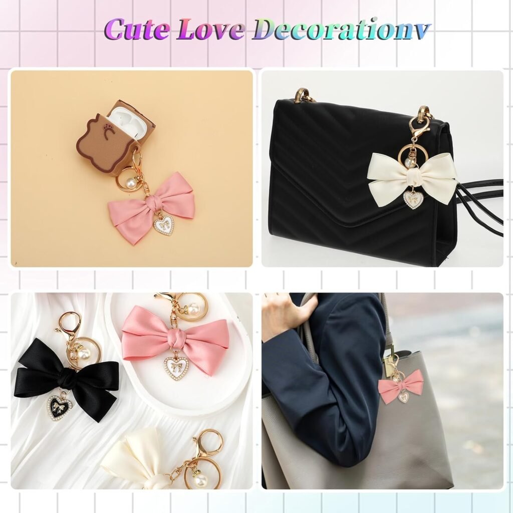 3 Pack Bow Charm for Purse Keychain Bow Black Pink White Bag Charms Bowknot Key Chain Cute Car Key Chain Key Ring Bag Charm Pendant for Handbag Decorations Girls Graduation Gift