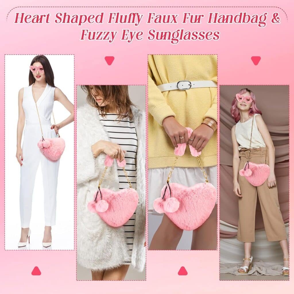 Abbylike 3 Pcs Furry Heart Shaped Gifts Fluffy Faux Fur Crossbody Chain Shoulder Bag for Women Valentine Gift