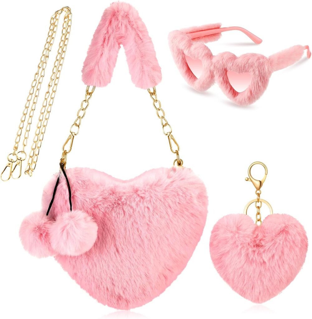 Abbylike 3 Pcs Furry Heart Shaped Gifts Fluffy Faux Fur Crossbody Chain Shoulder Bag for Women Valentine Gift