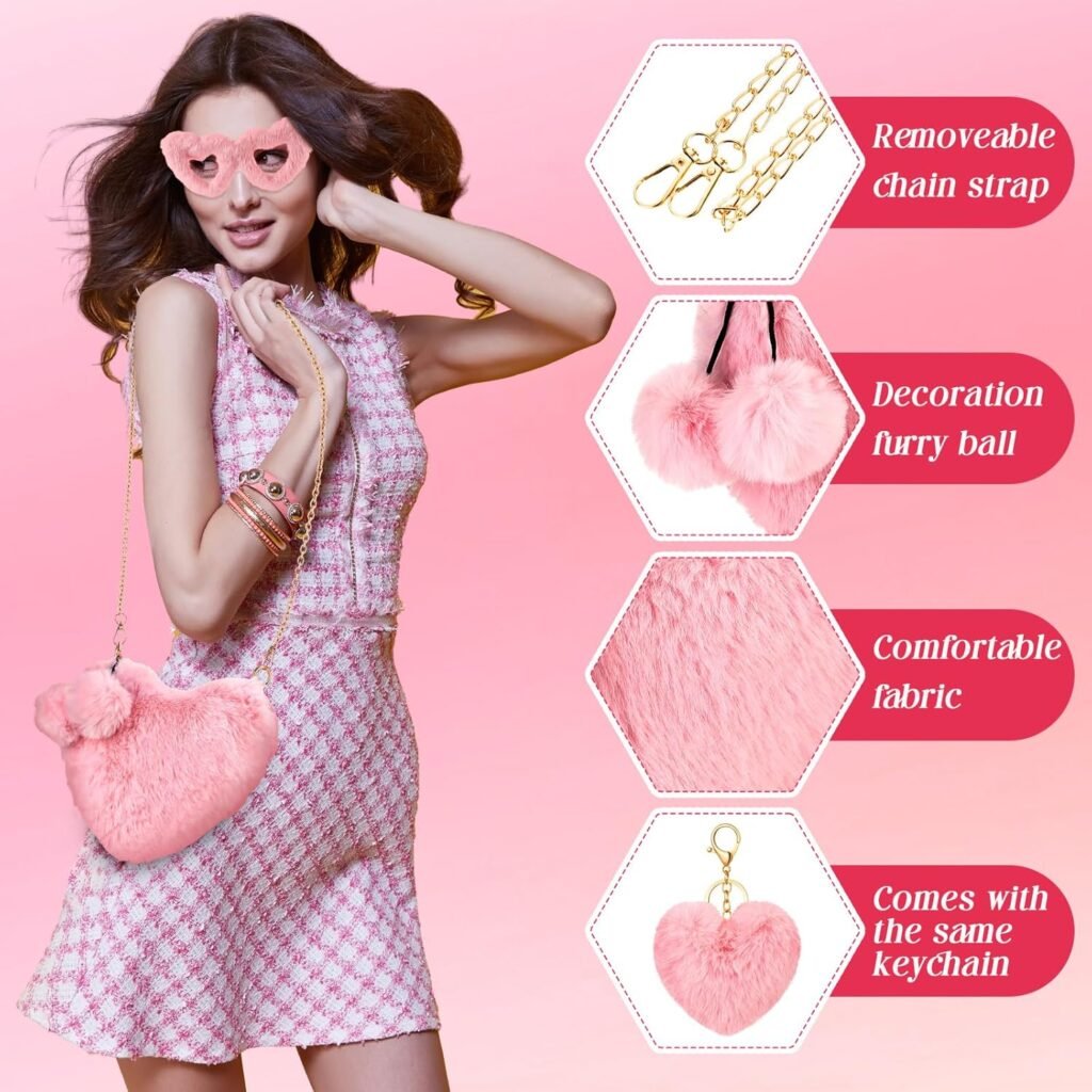 Abbylike 3 Pcs Furry Heart Shaped Gifts Fluffy Faux Fur Crossbody Chain Shoulder Bag for Women Valentine Gift