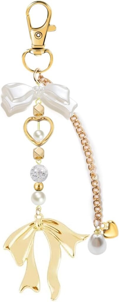 Agromusk Gold Bow Keychain Bag Charms for Women Heart Pearl Beaded Coquette Aesthetic Purse Charms
