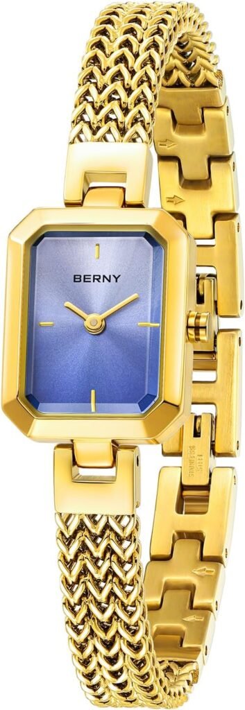 BERNY Gold Watch for Women Dainty Quartz Bracelet Watch Ladies Rectangle Mini Wrist Watches Small Fashion 3ATM Waterproof All Stainless Steel Detachable Watch Band