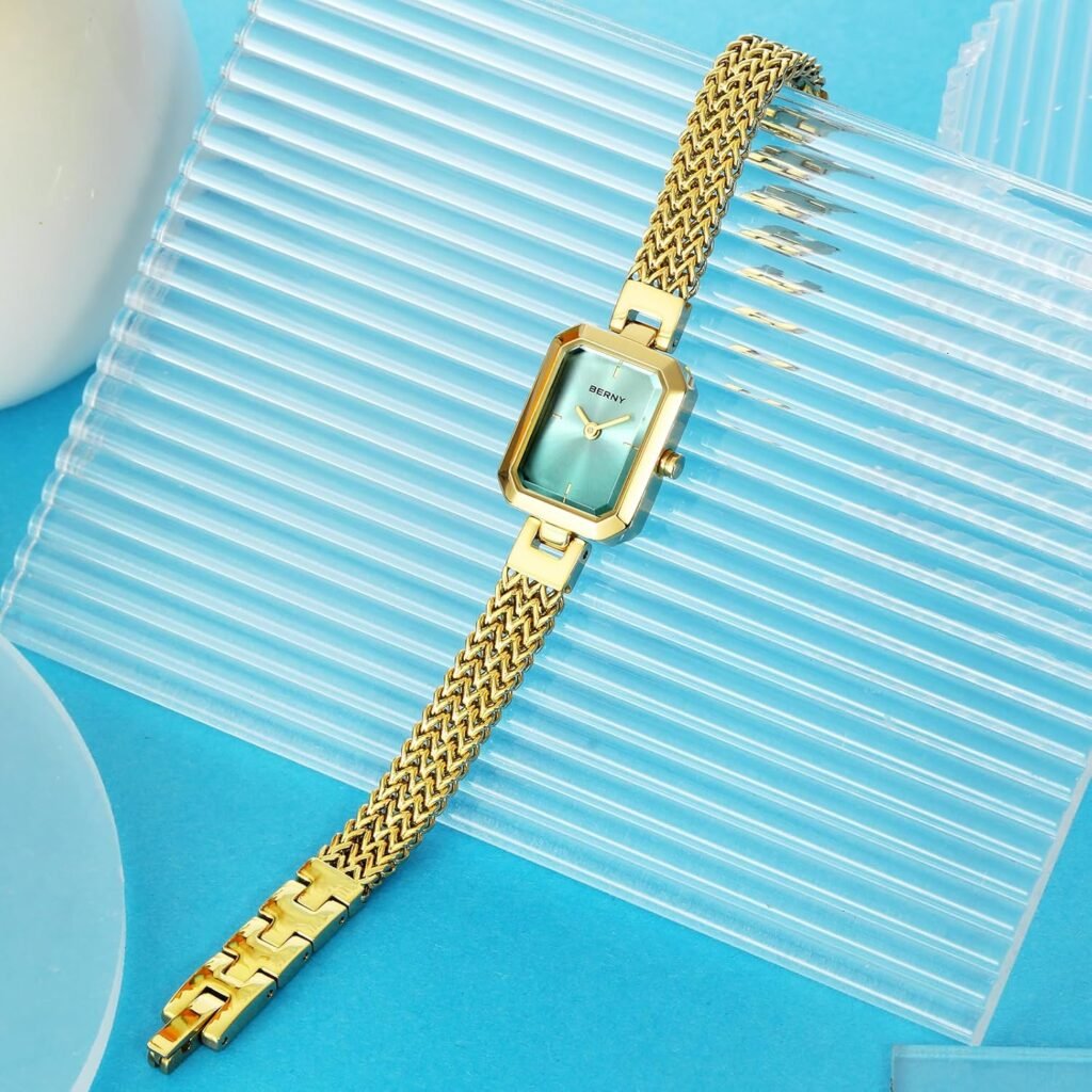 BERNY Gold Watch for Women Dainty Quartz Bracelet Watch Ladies Rectangle Mini Wrist Watches Small Fashion 3ATM Waterproof All Stainless Steel Detachable Watch Band