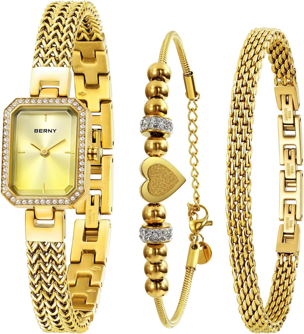 Berny Gold Watches For Women Ladies Wrist Watch And Bracelet Set Dainty Quartz Bracelet Watch Premium Crystal Accented F