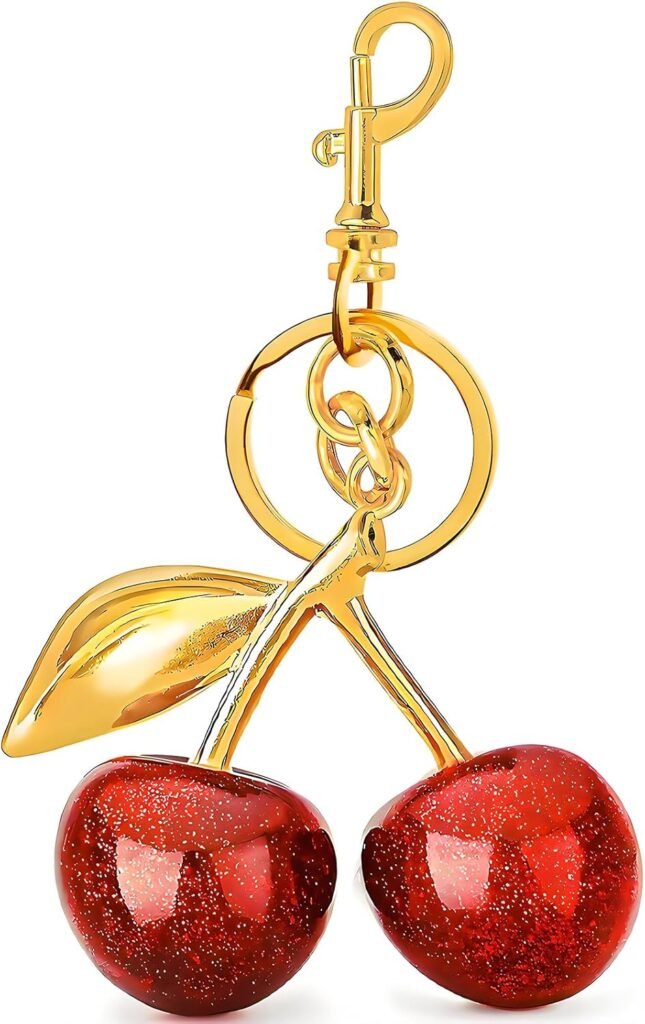 Cherry Keychain with Heart Key Ring,Cherry Bag Charm,Cherry Keychain Charms Accessory for Purses Bags Handbags