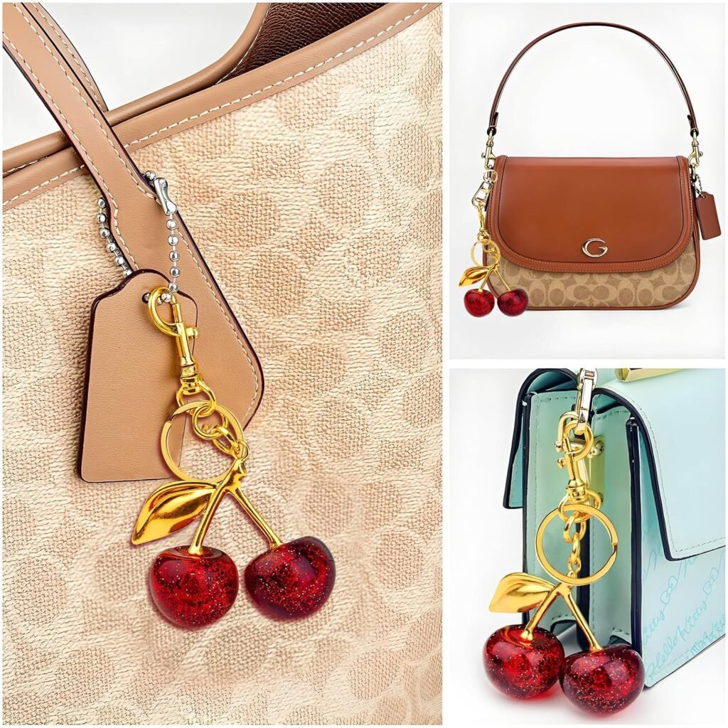 Cherry Keychain with Heart Key Ring,Cherry Bag Charm,Cherry Keychain Charms Accessory for Purses Bags Handbags