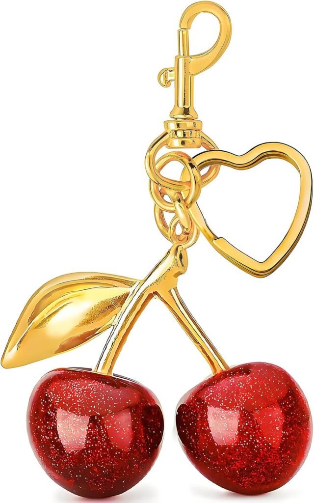 Cherry Keychain with Heart Key Ring,Cherry Bag Charm,Cherry Keychain Charms Accessory for Purses Bags Handbags