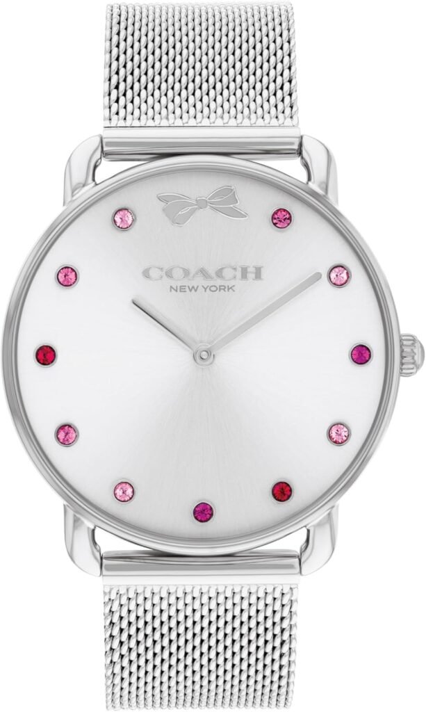 Coach Elliot Womens Gift Set - 36mm Quartz Watch with Stainless Steel Mesh Strap - Includes Chain Bracelet with Bow - Gift for Her