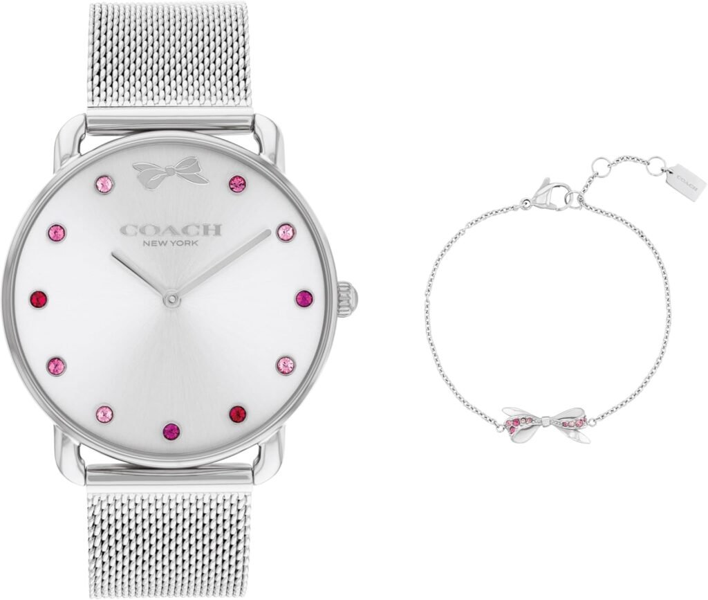 Coach Elliot Womens Gift Set - 36mm Quartz Watch with Stainless Steel Mesh Strap - Includes Chain Bracelet with Bow - Gift for Her
