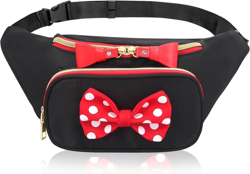 Cute Disney Fanny Pack for Women Teen Girls Minnie Bowknot Polka Dot Fanny Packs Cartoon Hiking Waist Bag Travel Waist Pack Crossbody Belt Bags Little Kid Outdoor Waist Packs