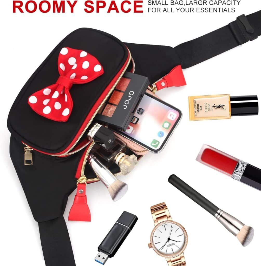 Cute Disney Fanny Pack for Women Teen Girls Minnie Bowknot Polka Dot Fanny Packs Cartoon Hiking Waist Bag Travel Waist Pack Crossbody Belt Bags Little Kid Outdoor Waist Packs