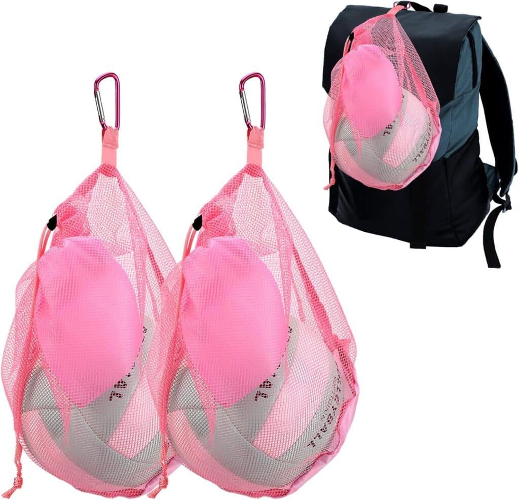 DLUGOPIS Pink Mesh Volleyball Bag Single Ball with Clip Drawstring Sackpack Soccer Ball Bag Basketball Bag Backpack Swim Bag Carry Bag with Zipper Pocket For Men Women Teen Gym Sports Gifts