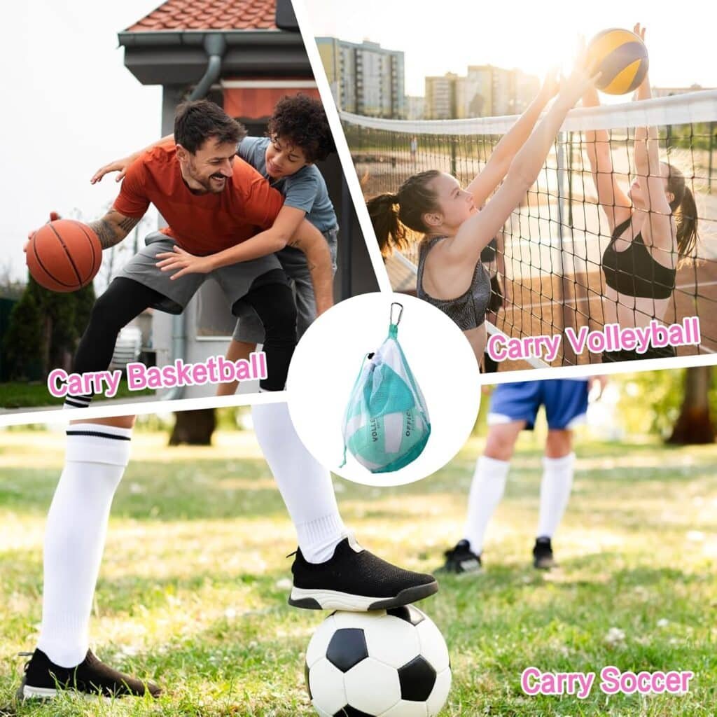 DLUGOPIS Pink Mesh Volleyball Bag Single Ball with Clip Drawstring Sackpack Soccer Ball Bag Basketball Bag Backpack Swim Bag Carry Bag with Zipper Pocket For Men Women Teen Gym Sports Gifts
