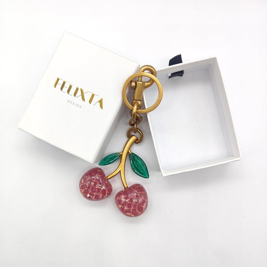 Flexita Cherry Bag Charm, Cherry Keychain Accessory Purse Charm, Cherries Handbag Pendant Keychain Womens Resin with BOX