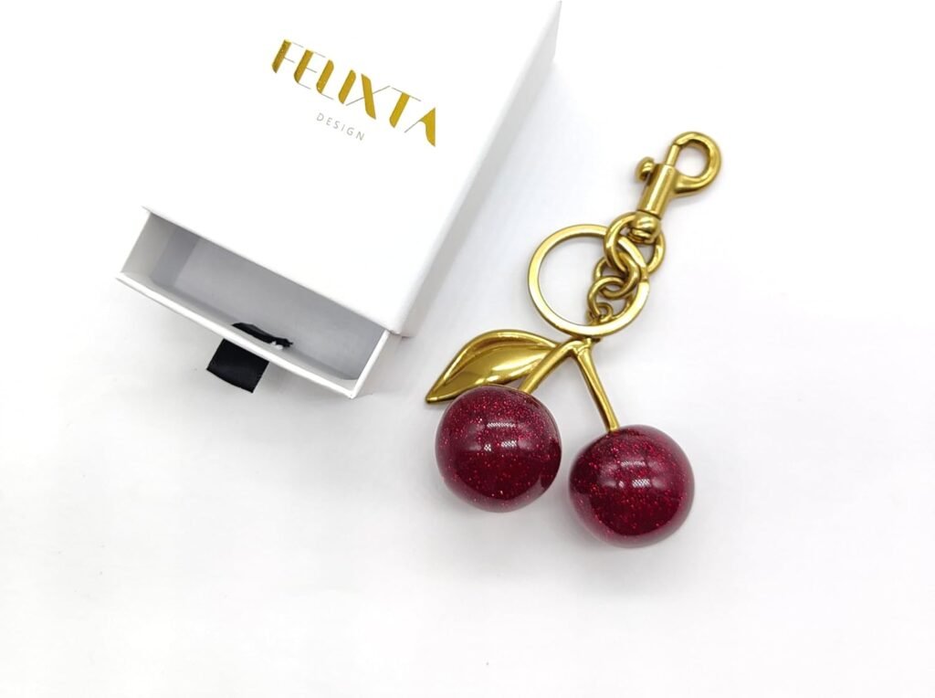 Flexita Cherry Bag Charm, Cherry Keychain Accessory Purse Charm, Cherries Handbag Pendant Keychain Womens Resin with BOX