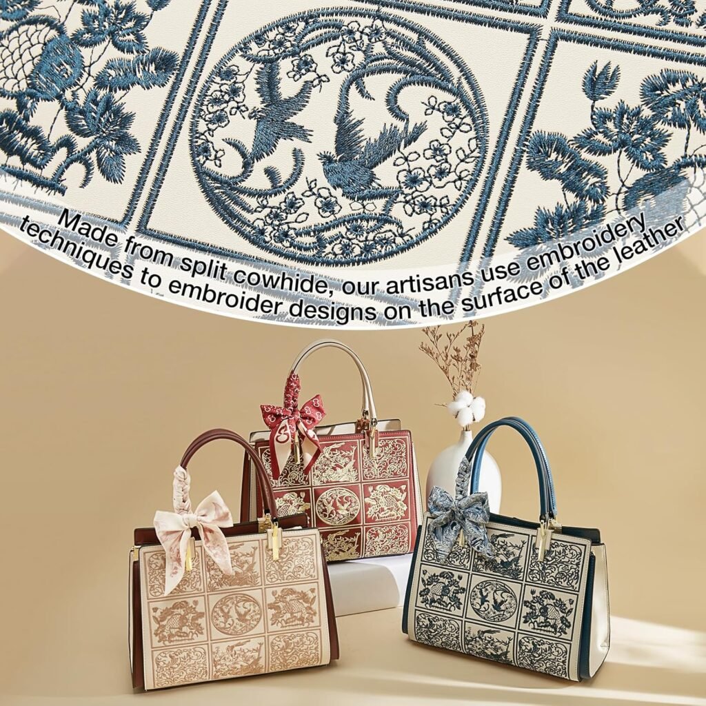 FOXLOVER Leather Satchel Handbags for Women Tote Shoulder Bag vintage Crossbody Bag Purse Top Handle bag with Embroidery