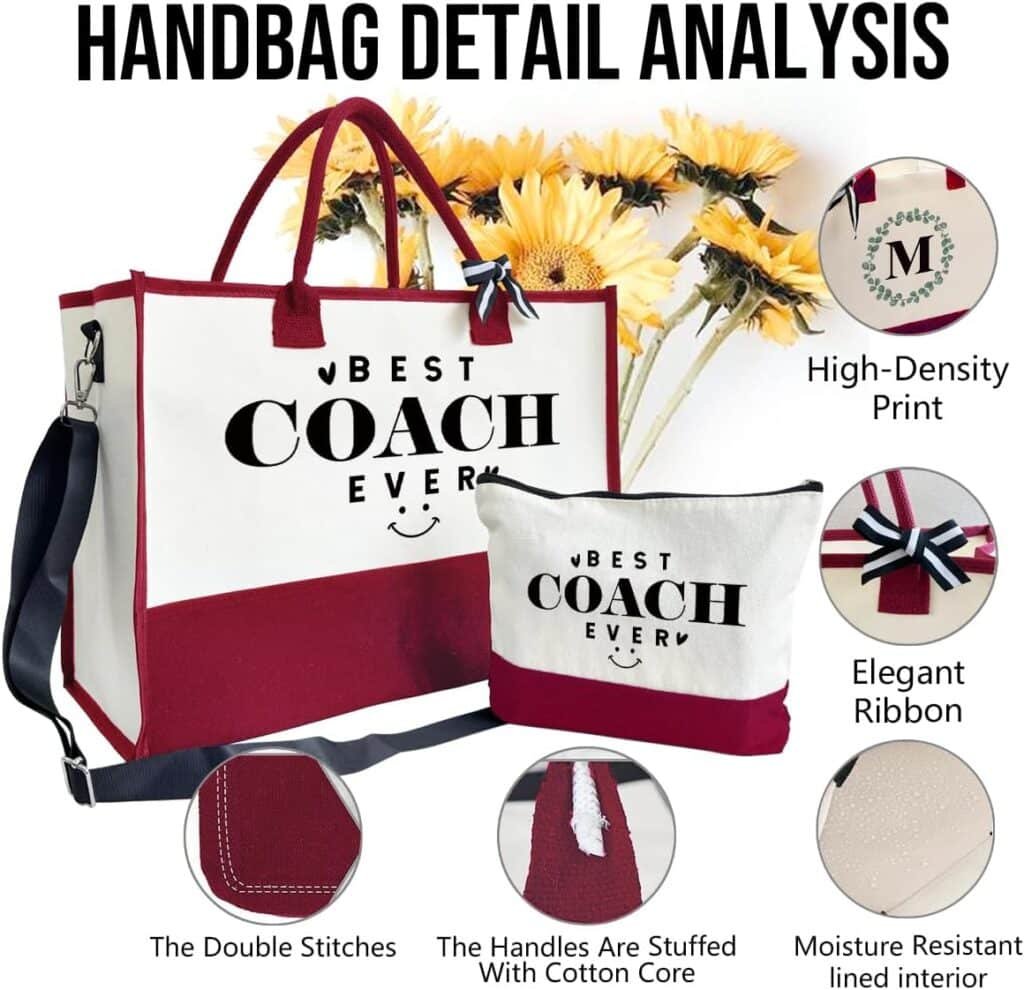 Gift for Best Coach Ever, Canvas Beach Bag, Canvas Tote Bag for Women, Coach Bag for Traveling Shopping Camping, Canvas Tote Bag with Make Up Bag, Coach Appreciation Gift, Thank You Gift for Coach