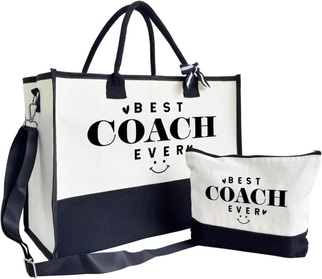 Gift for Best Coach Ever, Canvas Beach Bag, Canvas Tote Bag for Women, Coach Bag for Traveling Shopping Camping, Canvas Tote Bag with Make Up Bag, Coach Appreciation Gift, Thank You Gift for Coach