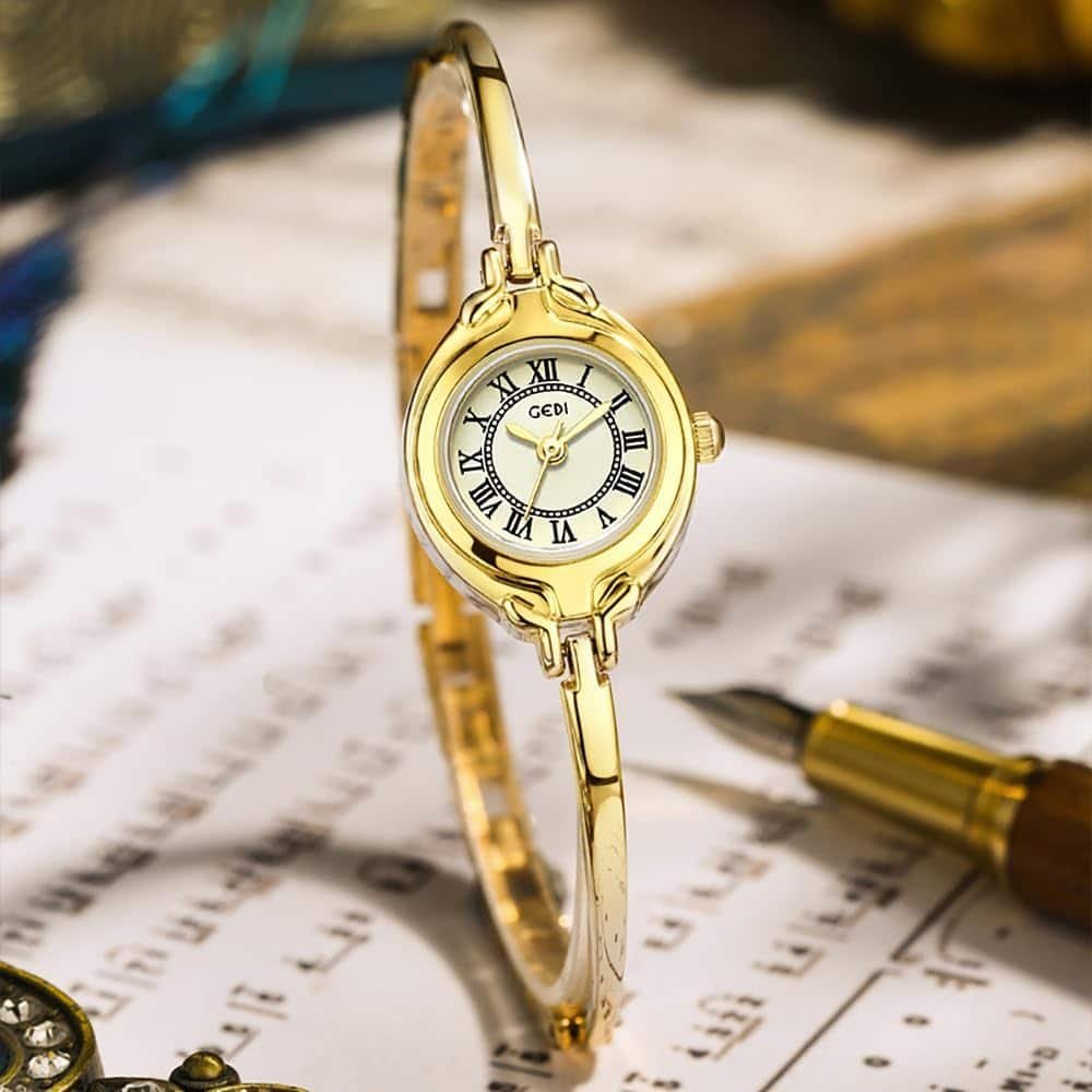 Gosasa Classic Vintage Bangle-Style Womens Watch with Small Dial and Thin Strap Elegant Dress Analog Ladies Wristwatch Fashion Waterproof Quartz Women Gold Watch