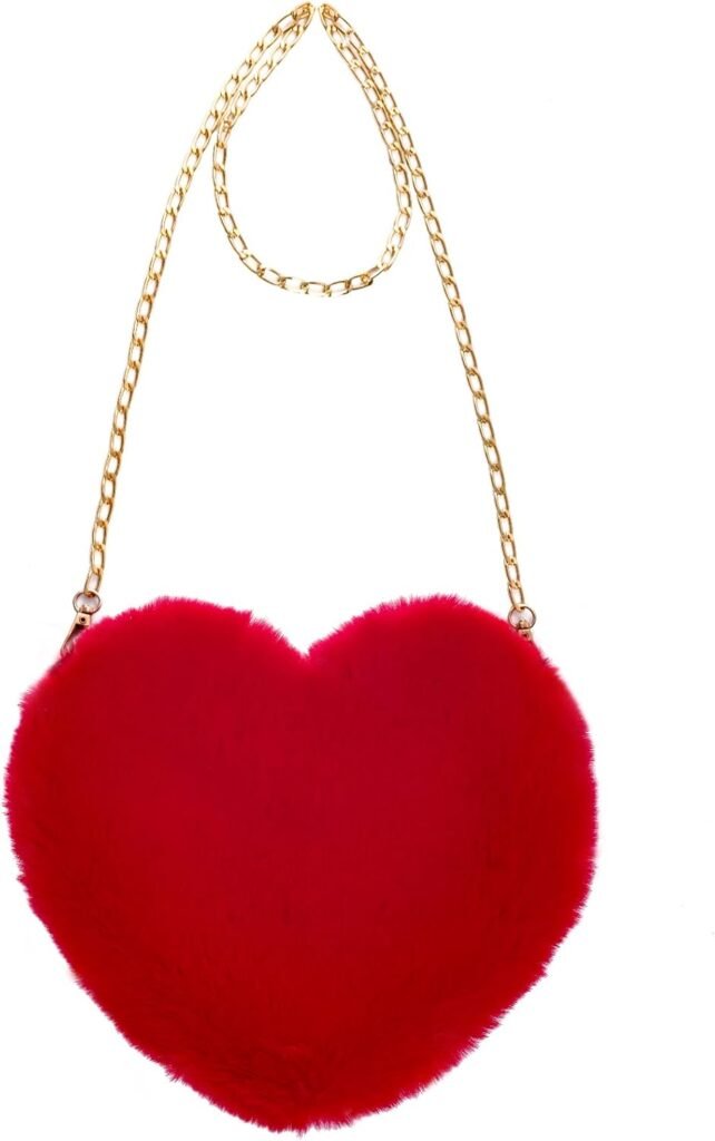 Heart Shaped Faux Fur Purse Fluffy Crossbody Bag Chain Shoulder Bag Cute Clutch Halloween Valentine Women Girls
