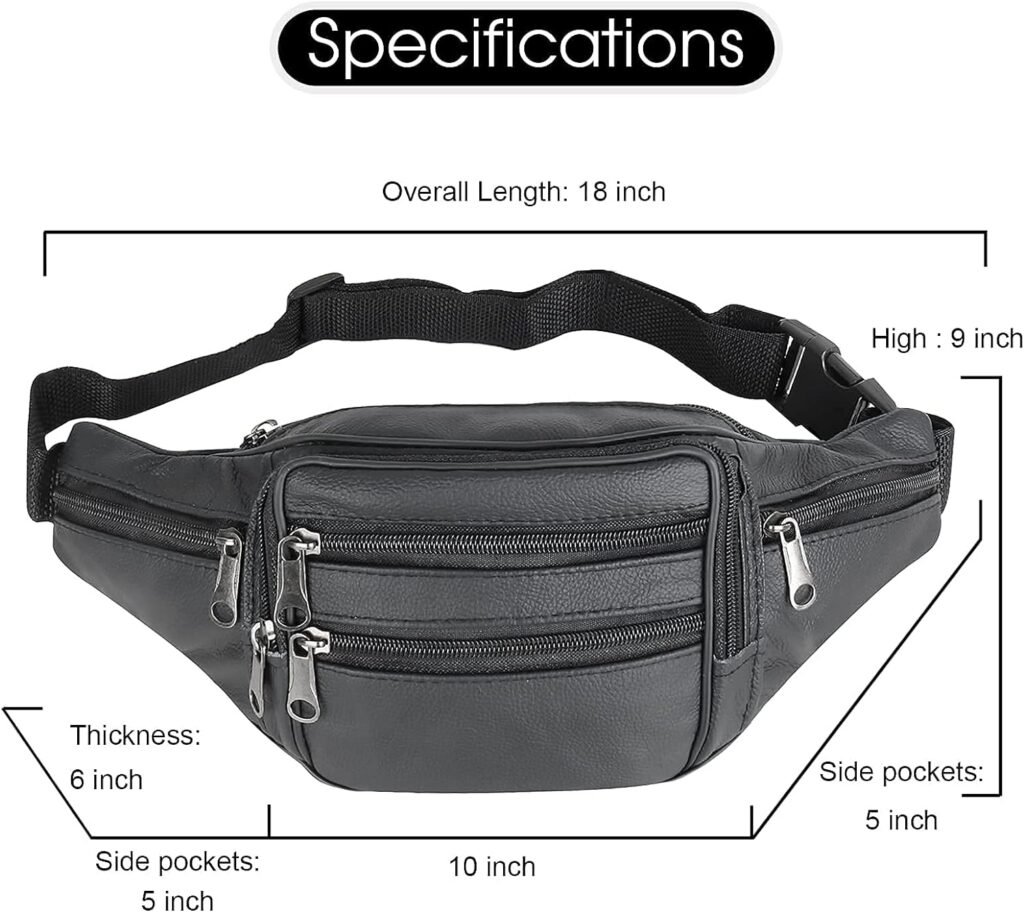 Leather Fanny Pack Travel Waist Bag 7 Pockets Waist Pack.Suitable for Outdoor Mountaineering Travel Camping Cycling Running etc FANNING511 Fanny pack (Black)