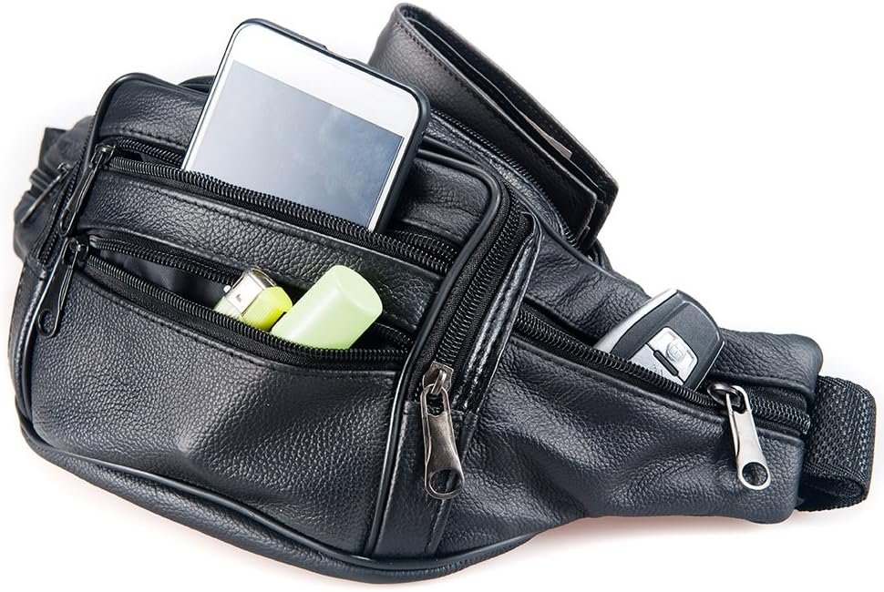 Leather Fanny Pack Travel Waist Bag 7 Pockets Waist Pack.Suitable for Outdoor Mountaineering Travel Camping Cycling Running etc FANNING511 Fanny pack (Black)