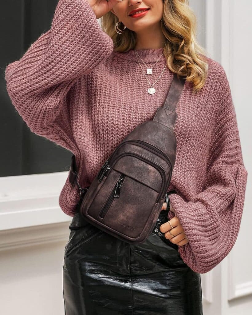 MASINTOR Sling Bag for Women - Crossbody Bags Fanny Pack with Vegan Leather - Adjustable Sling Backack for Travel Mocha Brown