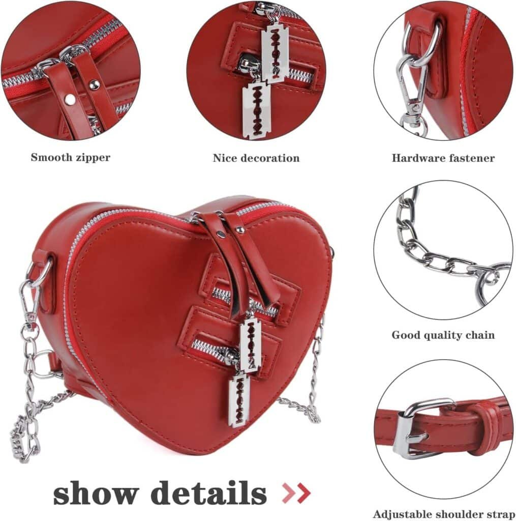 Oweisong Black Heart Shaped Purse Cute Red Gothic Bag Purse for Women Ladies Chain Crossbody Shoudler Handbag