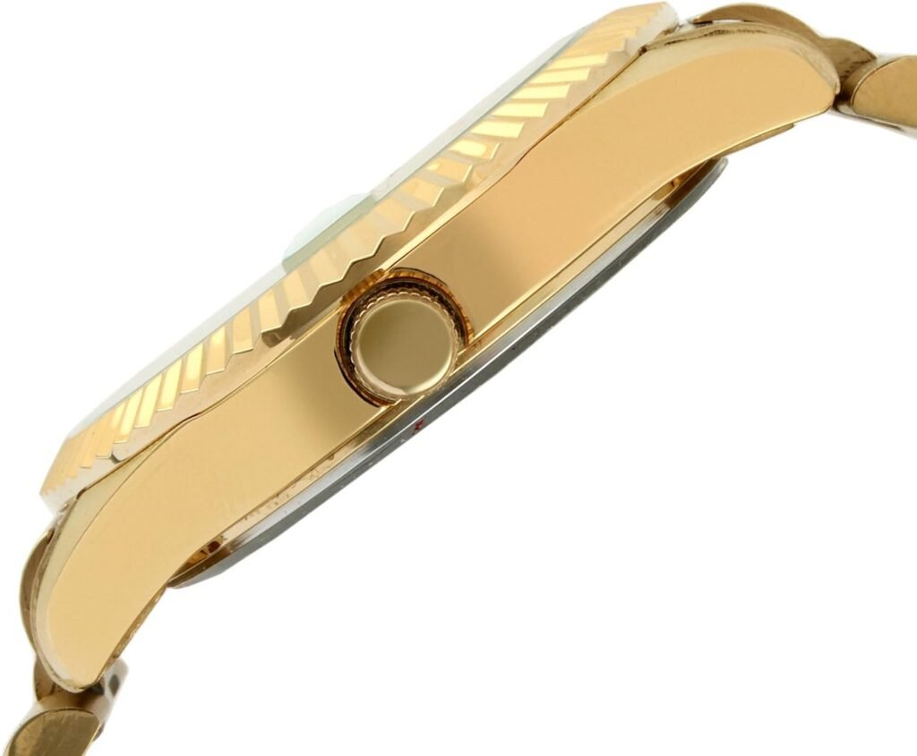 Peugeot 14K All Gold Plated Big Face Luxury Watch with Day Date Windows, Roman Numerals  Coin Edge Fluted Bezel Watch