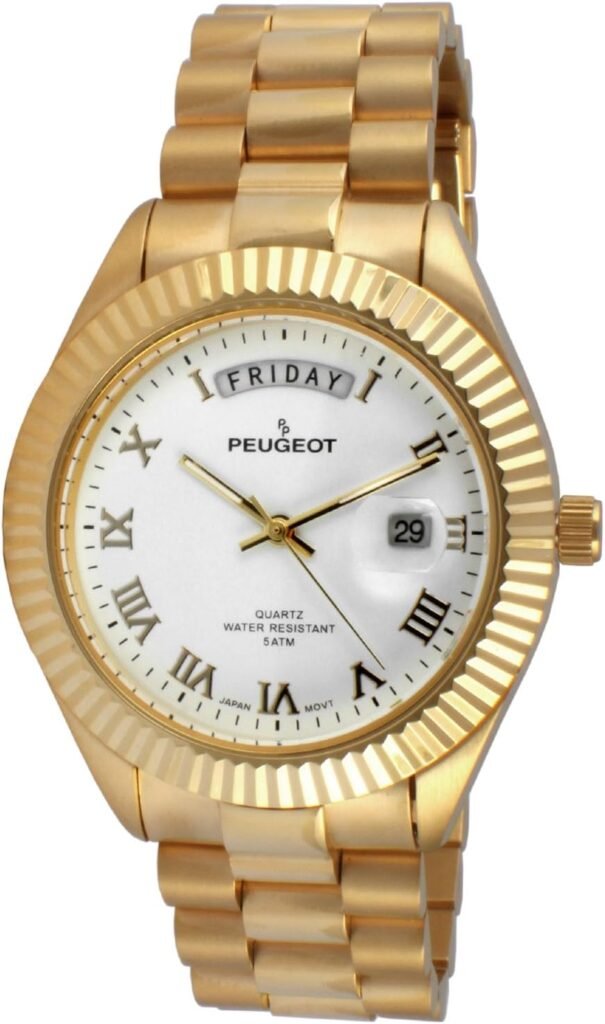 Peugeot 14K All Gold Plated Big Face Luxury Watch with Day Date Windows, Roman Numerals  Coin Edge Fluted Bezel Watch