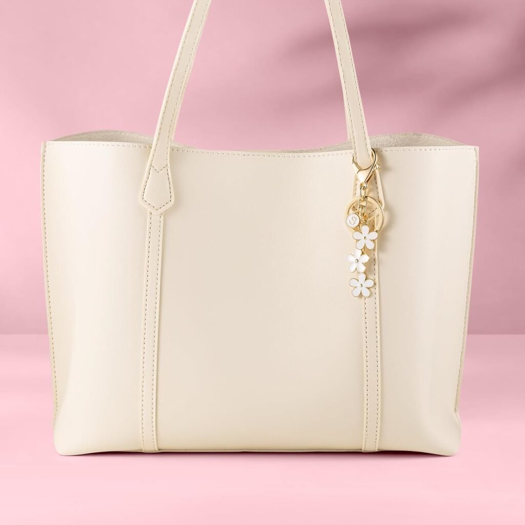 SELOVO Initial Keychain White/Pink Flower Charms for Key Cute Letter Keyring for Handbag Backpack