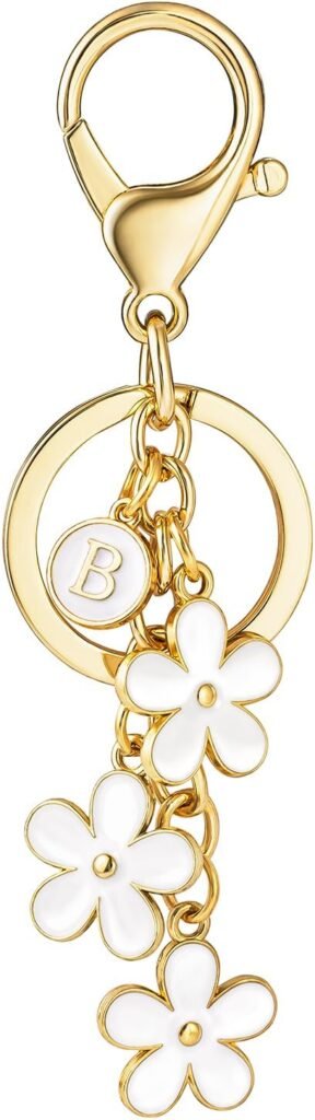 SELOVO Initial Keychain White/Pink Flower Charms for Key Cute Letter Keyring for Handbag Backpack